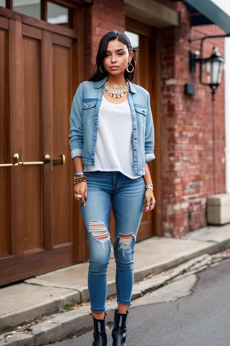 RAW, 8K UHD, Masterpiece, Best quality, Photorealistic, Ultra high res, High definition, High quality texture, extremely detailed cg, intricate details, clearly worked out detail, natural and realistic color, 1 Girl, bangs, facial flushing, cleavage, Slender hands, detailed skin, (full body shot):1.4, (wearing Denim jacket with skinny jeans and ankle boots , necklace, earrings, bracelet):1.4