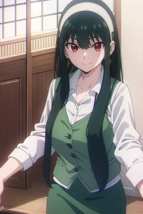 yorbriar, <lyco:yor briar s1-lyco-nochekaiser:1>,
yor briar, black hair, (red eyes:1.5), earrings, white hairband, hairband, long hair, sidelocks, smile,
BREAK skirt, shirt, long sleeves, white shirt, earrings, collared shirt, vest, green skirt, pencil skirt, office lady, (green vest:1.5),
BREAK indoors, office,
BREAK looking at viewer, (cowboy shot:1.5),
BREAK <lyco:GoodHands-beta2:1>, (masterpiece:1.2), best quality, high resolution, unity 8k wallpaper, (illustration:0.8), (beautiful detailed eyes:1.6), extremely detailed face, perfect lighting, extremely detailed CG, (perfect hands, perfect anatomy),