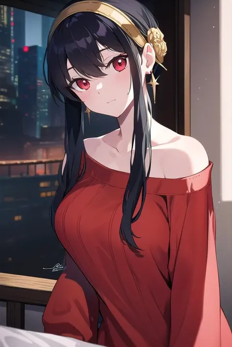 yorbriar, <lyco:yorbriar-LYCORIStest:1>, yor briar, black hair, (red eyes:1.5), earrings, gold hairband, hairband, long hair, sidelocks,
BREAK bare shoulders, collarbone, dress, long sleeves, off shoulder, off-shoulder dress, off-shoulder sweater, pantyhose, red sweater, sweater, sweater dress, thighs,
BREAK outdoors, city,
BREAK looking at viewer,
BREAK <lora:GoodHands-vanilla:1>, (masterpiece:1.2), best quality, high resolution, unity 8k wallpaper, (illustration:0.8), (beautiful detailed eyes:1.6), extremely detailed face, perfect lighting, extremely detailed CG, (perfect hands, perfect anatomy),