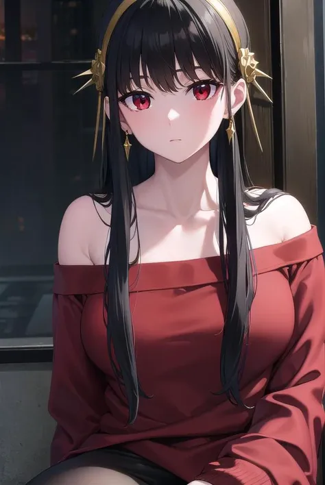 yorbriar, <lyco:yorbriar-lyco-nochekaiser:1>,
yor briar, black hair, (red eyes:1.5), earrings, gold hairband, hairband, long hair, sidelocks,
BREAK bare shoulders, collarbone, dress, long sleeves, off shoulder, off-shoulder dress, off-shoulder sweater, pantyhose, red sweater, sweater, sweater dress, thighs,
BREAK outdoors, city,
BREAK looking at viewer, full body, upper body,
BREAK <lora:GoodHands-vanilla:1>, (masterpiece:1.2), best quality, high resolution, unity 8k wallpaper, (illustration:0.8), (beautiful detailed eyes:1.6), extremely detailed face, perfect lighting, extremely detailed CG, (perfect hands, perfect anatomy),