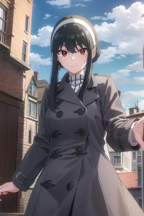 yorbriar, <lyco:yor briar s1-lyco-nochekaiser:1>, 
yor briar, black hair, (red eyes:1.5), earrings, white hairband, hairband, long hair, sidelocks, smile,
BREAK coat, trench coat,
BREAK outdoors, city, sky, clouds, sun,
BREAK looking at viewer, (cowboy shot:1.5),
BREAK <lyco:GoodHands-beta2:1>, (masterpiece:1.2), best quality, high resolution, unity 8k wallpaper, (illustration:0.8), (beautiful detailed eyes:1.6), extremely detailed face, perfect lighting, extremely detailed CG, (perfect hands, perfect anatomy),