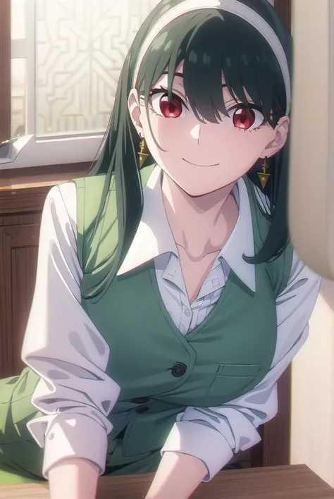 yorbriar, <lyco:yor briar s1-lyco-nochekaiser:1>,
yor briar, black hair, (red eyes:1.5), earrings, white hairband, hairband, long hair, sidelocks, smile,
BREAK skirt, shirt, long sleeves, white shirt, earrings, collared shirt, vest, green skirt, pencil skirt, office lady, (green vest:1.5),
BREAK indoors, office,
BREAK looking at viewer, (cowboy shot:1.5),
BREAK <lyco:GoodHands-beta2:1>, (masterpiece:1.2), best quality, high resolution, unity 8k wallpaper, (illustration:0.8), (beautiful detailed eyes:1.6), extremely detailed face, perfect lighting, extremely detailed CG, (perfect hands, perfect anatomy),