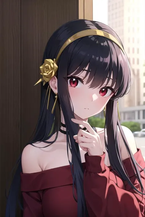 yorbriar, <lyco:yorbriar-lyco-nochekaiser:1>, 
yor briar, black hair, (red eyes:1.5), earrings, gold hairband, hairband, long hair, sidelocks,
BREAK bare shoulders, collarbone, dress, long sleeves, off shoulder, off-shoulder dress, off-shoulder sweater, pantyhose, red sweater, sweater, sweater dress, thighs,
BREAK outdoors, city,
BREAK looking at viewer, full body, upper body,
BREAK <lora:GoodHands-vanilla:1>, (masterpiece:1.2), best quality, high resolution, unity 8k wallpaper, (illustration:0.8), (beautiful detailed eyes:1.6), extremely detailed face, perfect lighting, extremely detailed CG, (perfect hands, perfect anatomy),