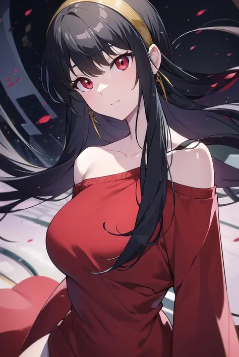 yorbriar, <lyco:yorbriar-LYCORIStest:1>, yor briar, black hair, (red eyes:1.5), earrings, gold hairband, hairband, long hair, sidelocks,
BREAK bare shoulders, collarbone, dress, long sleeves, off shoulder, off-shoulder dress, off-shoulder sweater, pantyhose, red sweater, sweater, sweater dress, thighs,
BREAK outdoors, city,
BREAK looking at viewer,
BREAK <lora:GoodHands-vanilla:1>, (masterpiece:1.2), best quality, high resolution, unity 8k wallpaper, (illustration:0.8), (beautiful detailed eyes:1.6), extremely detailed face, perfect lighting, extremely detailed CG, (perfect hands, perfect anatomy),