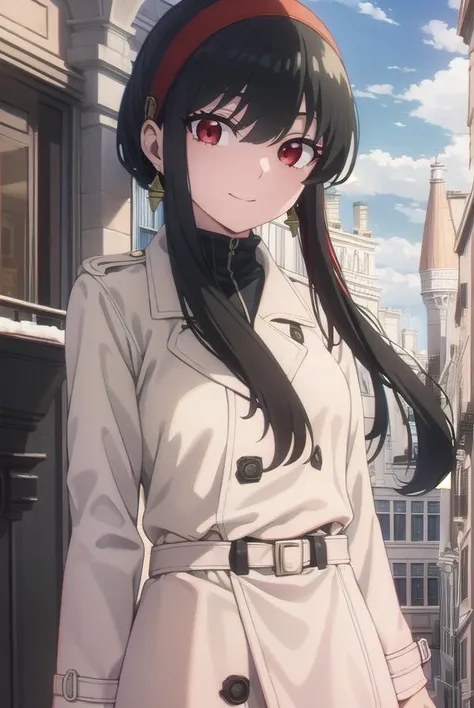 yorbriar, <lyco:yor briar s1-lyco-nochekaiser:1>, 
yor briar, black hair, (red eyes:1.5), earrings, white hairband, hairband, long hair, sidelocks, smile,
BREAK coat, trench coat,
BREAK outdoors, city, sky, clouds, sun,
BREAK looking at viewer, (cowboy shot:1.5),
BREAK <lyco:GoodHands-beta2:1>, (masterpiece:1.2), best quality, high resolution, unity 8k wallpaper, (illustration:0.8), (beautiful detailed eyes:1.6), extremely detailed face, perfect lighting, extremely detailed CG, (perfect hands, perfect anatomy),