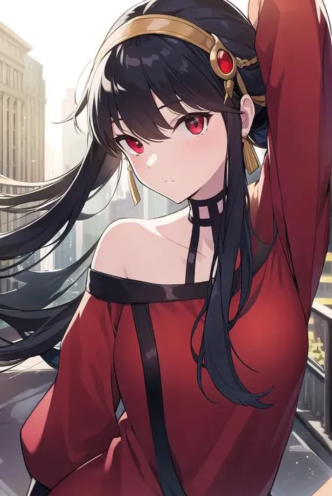 yorbriar, <lyco:yorbriar-LYCORIStest:1>, yor briar, black hair, (red eyes:1.5), earrings, gold hairband, hairband, long hair, sidelocks,
BREAK bare shoulders, collarbone, dress, long sleeves, off shoulder, off-shoulder dress, off-shoulder sweater, pantyhose, red sweater, sweater, sweater dress, thighs,
BREAK outdoors, city,
BREAK looking at viewer,
BREAK <lora:GoodHands-vanilla:1>, (masterpiece:1.2), best quality, high resolution, unity 8k wallpaper, (illustration:0.8), (beautiful detailed eyes:1.6), extremely detailed face, perfect lighting, extremely detailed CG, (perfect hands, perfect anatomy),