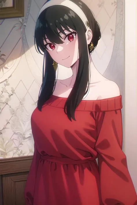 yorbriar, <lyco:yor briar s1-lyco-nochekaiser:1>,
yor briar, black hair, (red eyes:1.5), earrings, white hairband, hairband, long hair, sidelocks, smile,
BREAK bare shoulders, collarbone, dress, long sleeves, off shoulder, off-shoulder dress, off-shoulder sweater, pantyhose, red sweater, sweater, sweater dress, thighs,
BREAK indoors,
BREAK looking at viewer, (cowboy shot:1.5),
BREAK <lyco:GoodHands-beta2:1>, (masterpiece:1.2), best quality, high resolution, unity 8k wallpaper, (illustration:0.8), (beautiful detailed eyes:1.6), extremely detailed face, perfect lighting, extremely detailed CG, (perfect hands, perfect anatomy),