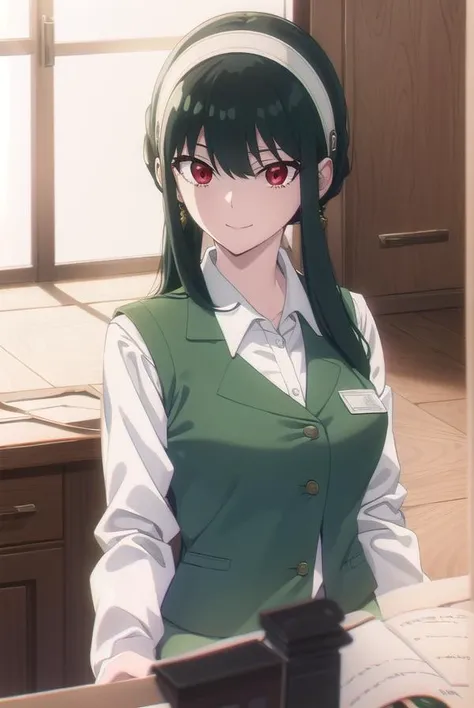 yorbriar, <lyco:yor briar s1-lyco-nochekaiser:1>,
yor briar, black hair, (red eyes:1.5), earrings, white hairband, hairband, long hair, sidelocks, smile,
BREAK skirt, shirt, long sleeves, white shirt, earrings, collared shirt, vest, green skirt, pencil skirt, office lady, (green vest:1.5),
BREAK indoors, office,
BREAK looking at viewer, (cowboy shot:1.5),
BREAK <lyco:GoodHands-beta2:1>, (masterpiece:1.2), best quality, high resolution, unity 8k wallpaper, (illustration:0.8), (beautiful detailed eyes:1.6), extremely detailed face, perfect lighting, extremely detailed CG, (perfect hands, perfect anatomy),
