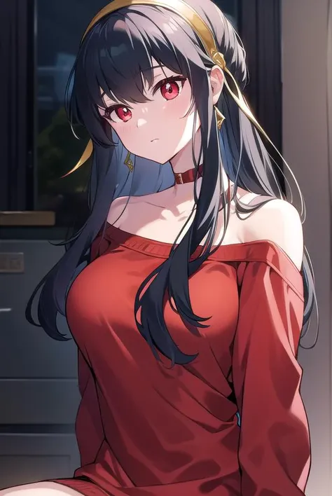 anime panel,upper body, 1girl,solo Korean, long black curly hair with red highlights, red slanted eyes, casual clothes, ear piercing, necklace, hair illuminated by party lights, party background, long chic dress,sad expression,crying ,closed eyes,blushing