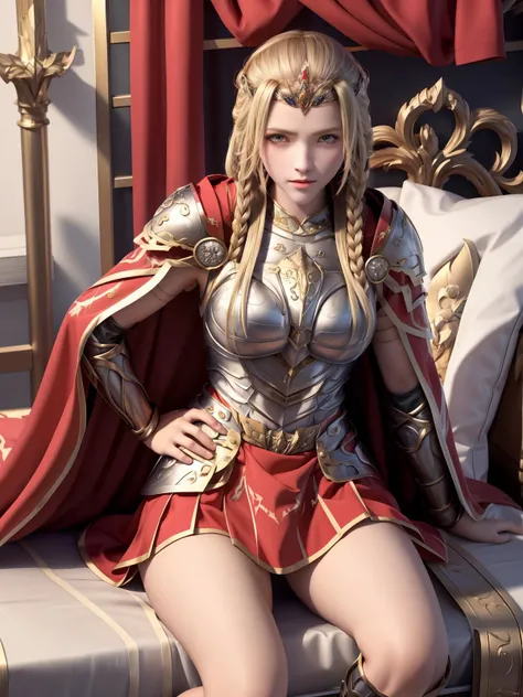 <lora:tianshiyan_20230712235252:0.7>,armor,long hair, blonde hair, breastplate,red cape,shoulder armor,tiara,braid,pauldorns,red skirt,yellow eyes, open eyes,