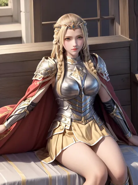 <lora:tianshiyan_20230712235252:0.7>,armor,long hair, blonde hair, breastplate, cape,shoulder armor,tiara,braid,pauldorns,skirt,yellow eyes,