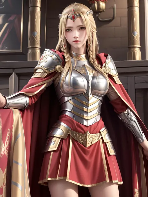 armor,long hair, blonde hair, breastplate,red cape,shoulder armor,tiara,braid,pauldorns,red skirt,yellow eyes, open eyes, <lora:tianshiyan_20230712235252-000006:0.7>