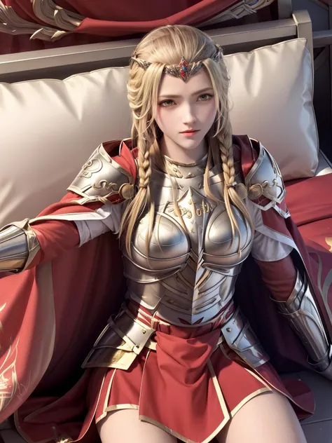 armor,long hair, blonde hair, breastplate,red cape,shoulder armor,tiara,braid,pauldorns,red skirt,yellow eyes, open eyes, <lora:tianshiyan_20230712235252-000006:0.75>