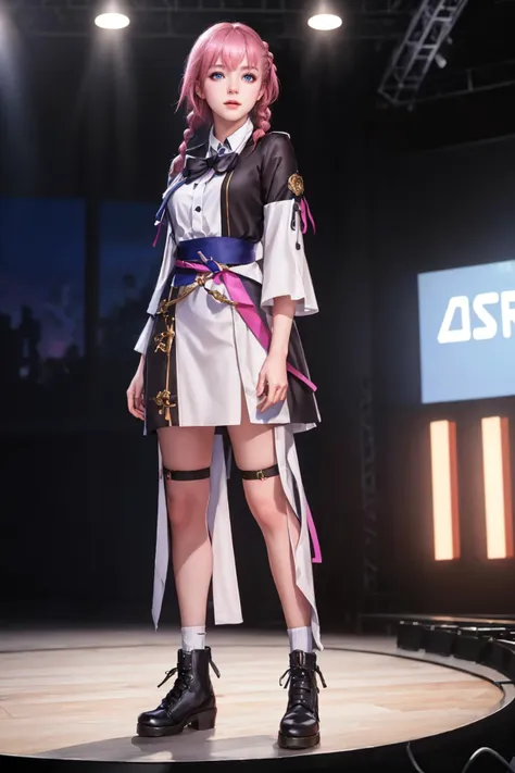 8k,highres,absurdres,masterpiece,best quality,original,extremely detailed CG,extremely detailed wallpaper,perfect lighting,<lyco:GoodHands-beta2:1>,
1girl,solo,blurry_background,looking_at_viewer,standing on the stage,
<lora:lora:0.7>,astagc,braid,one side up,blue eyes,pink hair,