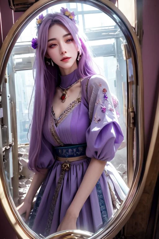 (otherworldly), highly insanely detailed, masterpiece, top quality, best quality, highres, 4k, 8k, RAW photo, (very aesthetic, beautiful and aesthetic),
2bnierdef, medium breasts, mole, mole under mouth, (black blindfold:1.2), white hair, long sleeves, dress, puffy sleeves, black dress, clothing cutout, turtleneck, cleavage cutout, black hairband, juliet sleeves, covered eyes, <lora:2bnier-10:1>,
maxi dress,
very long hair ,bright blue-green hair, red hair, teal hair ,colored inner hair ,hair intakes,Blowing hair in the strong wind,
(pastel pink eyes,amber eyes) ,brown eyeshadow ,colored eyelashes ,
Metro, carriage,subway,subway interior,window,
(flower, falling petals, petals on liquid, petals, cherry blossom:0.8),
(taking a selfie in the mirror),
<lora:ip-adapter-faceid-plusv2_sd15_lora:0.5>,
((ancient egyptian theme:1.2)), ancient egyptian symbol, ancient egyptian hieroglyphic,
taiwan, korean,
((post-apocalyptic:1.2)),
abandoned building, overgrown with vegetation, ruin,
water,
(gardens, village:0.6),
mythical, mysterious,
reflection, reflective floor,
white cloudy sky, blue sky,
(Amethyst, Amethyst \(gemstone\), purple gemstone, jade \(gemstone\), red gemstone, ruby \(gemstone\)),
(flower, falling petals, petals on liquid, petals, cherry blossom:0.8),
(mandala, nebula, fractal art:0.5),
(dreamlike, dream like, dream-like, dream-like atmosphere:0.6),
(long hair, glowing hair, hair over one eye, long messy hair),
collar, earrings, jewelry, necklace, armlet,
âââ