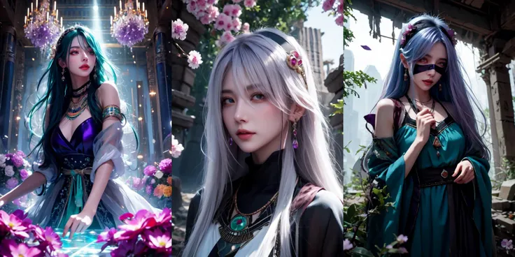 (otherworldly), highly insanely detailed, masterpiece, top quality, best quality, highres, 4k, 8k, RAW photo, (very aesthetic, beautiful and aesthetic),
2bnierdef, medium breasts, mole, mole under mouth, (black blindfold:1.2), white hair, long sleeves, dress, puffy sleeves, black dress, clothing cutout, turtleneck, cleavage cutout, black hairband, juliet sleeves, covered eyes, <lora:2bnier-10:1>,
__lazy-wildcards/costume/color-theme-multi__,
__lazy-wildcards/prompts/hair__,
__lazy-wildcards/prompts/eyes__,
__lazy-wildcards/dataset/background__,
(flower, falling petals, petals on liquid, petals, cherry blossom:0.8),
__lazy-wildcards/prompts/pose__,
<lora:ip-adapter-faceid-plusv2_sd15_lora:0.5>,
((ancient egyptian theme:1.2)), ancient egyptian symbol, ancient egyptian hieroglyphic,
taiwan, korean,
((post-apocalyptic:1.2)),
abandoned building, overgrown with vegetation, ruin,
water,
(gardens, village:0.6),
mythical, mysterious,
reflection, reflective floor,
white cloudy sky, blue sky,
(Amethyst, Amethyst \(gemstone\), purple gemstone, jade \(gemstone\), red gemstone, ruby \(gemstone\)),
(flower, falling petals, petals on liquid, petals, cherry blossom:0.8),
(mandala, nebula, fractal art:0.5),
(dreamlike, dream like, dream-like, dream-like atmosphere:0.6),
(long hair, glowing hair, hair over one eye, long messy hair),
collar, earrings, jewelry, necklace, armlet,
âââ