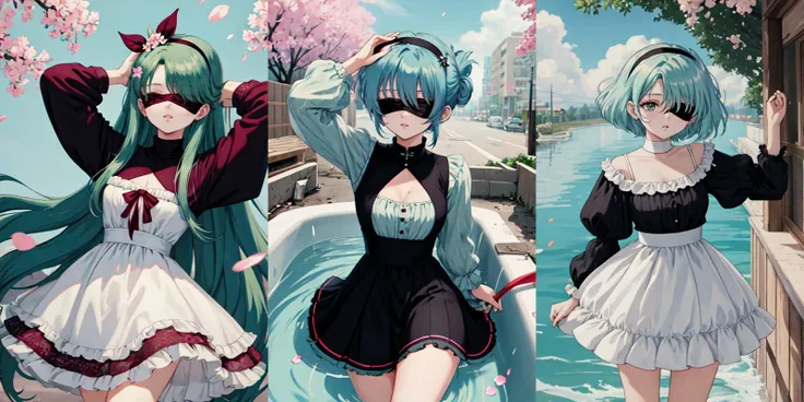 (otherworldly), highly insanely detailed, masterpiece, top quality, best quality, highres, 4k, 8k, RAW photo, (very aesthetic, beautiful and aesthetic),
2bnierdef,
medium breasts, mole, mole under mouth, (black blindfold:1.2), white hair,
long sleeves, dress, puffy sleeves, black dress, clothing cutout, turtleneck, cleavage cutout, black hairband, juliet sleeves, covered eyes,
<lora:2bnier-10:1>,
__lazy-wildcards/costume/color-theme__,
__lazy-wildcards/prompts/hair__,
__lazy-wildcards/dataset/background__,
(flower, falling petals, petals on liquid, petals, cherry blossom:0.8),
__lazy-wildcards/prompts/pose__,
âââ