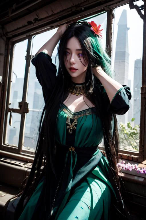 (otherworldly), highly insanely detailed, masterpiece, top quality, best quality, highres, 4k, 8k, RAW photo, (very aesthetic, beautiful and aesthetic),
2bnierdef, medium breasts, mole, mole under mouth, (black blindfold:1.2), white hair, long sleeves, dress, puffy sleeves, black dress, clothing cutout, turtleneck, cleavage cutout, black hairband, juliet sleeves, covered eyes, <lora:2bnier-10:1>,
bright blue-green clothes ,burnt_clothes, dissolving_clothes,
very long hair ,black hair, auburn hair, emerald green hair ,colored inner hair ,
(dark brown eyes),
Metro, carriage,subway,subway interior,window,
(flower, falling petals, petals on liquid, petals, cherry blossom:0.8),
wakeupstretch, stretching, arm behind head,
<lora:ip-adapter-faceid-plusv2_sd15_lora:0.5>,
((ancient egyptian theme:1.2)), ancient egyptian symbol, ancient egyptian hieroglyphic,
taiwan, korean,
((post-apocalyptic:1.2)),
abandoned building, overgrown with vegetation, ruin,
water,
(gardens, village:0.6),
mythical, mysterious,
reflection, reflective floor,
white cloudy sky, blue sky,
(Amethyst, Amethyst \(gemstone\), purple gemstone, jade \(gemstone\), red gemstone, ruby \(gemstone\)),
(flower, falling petals, petals on liquid, petals, cherry blossom:0.8),
(mandala, nebula, fractal art:0.5),
(dreamlike, dream like, dream-like, dream-like atmosphere:0.6),
(long hair, glowing hair, hair over one eye, long messy hair),
collar, earrings, jewelry, necklace, armlet,
âââ