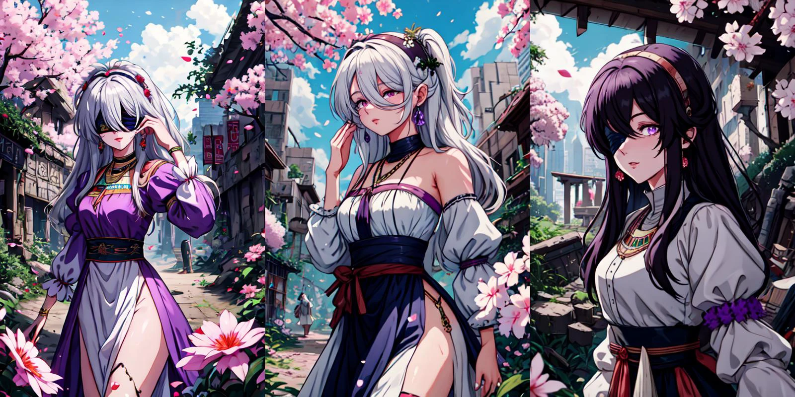 (otherworldly), highly insanely detailed, masterpiece, top quality, best quality, highres, 4k, 8k, RAW photo, (very aesthetic, beautiful and aesthetic),
2bnierdef, medium breasts, mole, mole under mouth, (black blindfold:1.2), white hair, long sleeves, dress, puffy sleeves, black dress, clothing cutout, turtleneck, cleavage cutout, black hairband, juliet sleeves, covered eyes, <lora:2bnier-10:1>,
__lazy-wildcards/costume/color-theme-multi__,
__lazy-wildcards/prompts/hair__,
__lazy-wildcards/prompts/eyes__,
__lazy-wildcards/dataset/background__,
(flower, falling petals, petals on liquid, petals, cherry blossom:0.8),
__lazy-wildcards/prompts/pose__,
<lora:ip-adapter-faceid-plusv2_sd15_lora:0.5>,
((ancient egyptian theme:1.2)), ancient egyptian symbol, ancient egyptian hieroglyphic,
taiwan, korean,
((post-apocalyptic:1.2)),
abandoned building, overgrown with vegetation, ruin,
water,
(gardens, village:0.6),
mythical, mysterious,
reflection, reflective floor,
white cloudy sky, blue sky,
(Amethyst, Amethyst \(gemstone\), purple gemstone, jade \(gemstone\), red gemstone, ruby \(gemstone\)),
(flower, falling petals, petals on liquid, petals, cherry blossom:0.8),
(mandala, nebula, fractal art:0.5),
(dreamlike, dream like, dream-like, dream-like atmosphere:0.6),
(long hair, glowing hair, hair over one eye, long messy hair),
collar, earrings, jewelry, necklace, armlet,
âââ