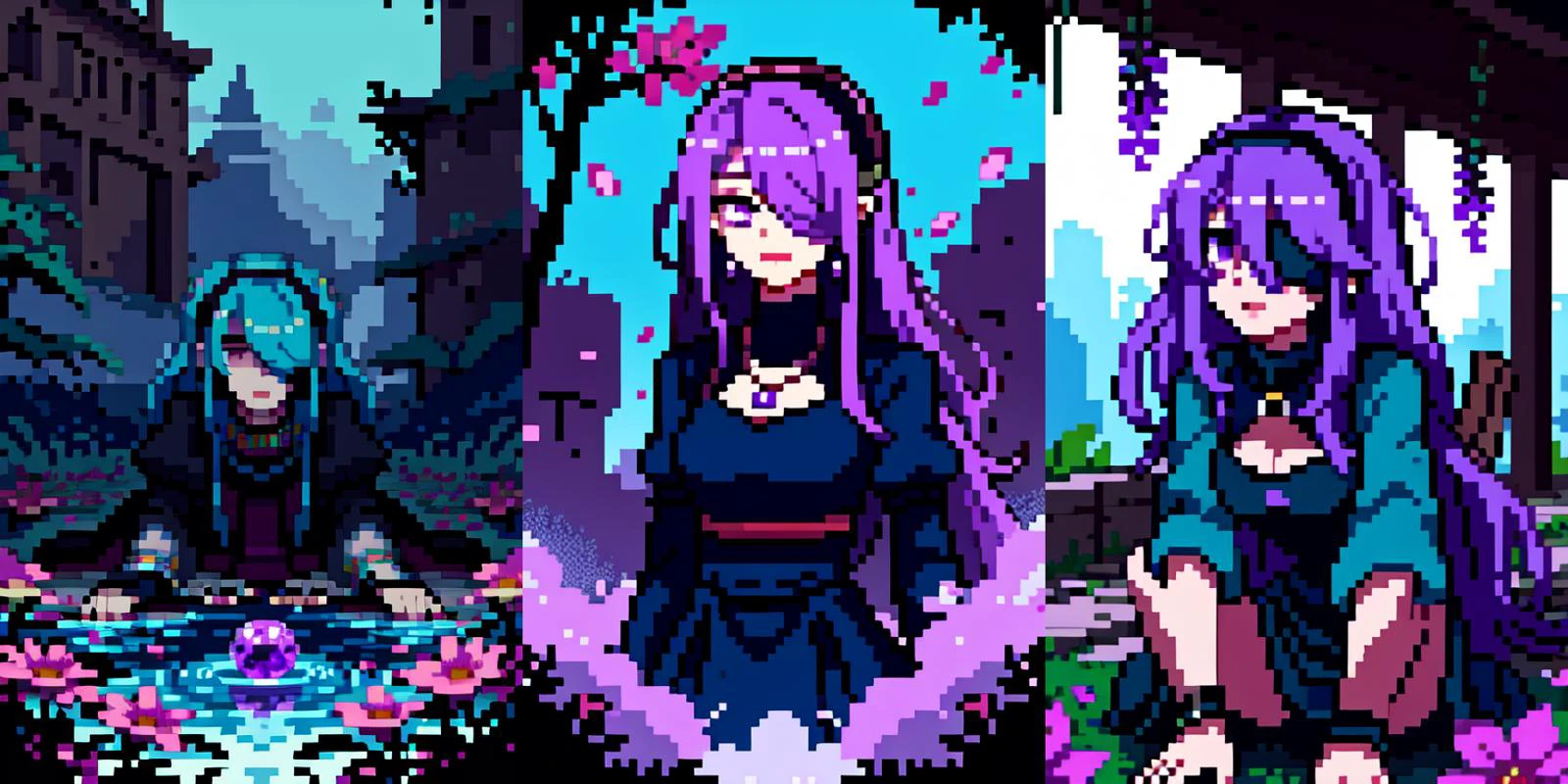 (otherworldly), highly insanely detailed, masterpiece, top quality, best quality, highres, 4k, 8k, RAW photo, (very aesthetic, beautiful and aesthetic),
2bnierdef, medium breasts, mole, mole under mouth, (black blindfold:1.2), white hair, long sleeves, dress, puffy sleeves, black dress, clothing cutout, turtleneck, cleavage cutout, black hairband, juliet sleeves, covered eyes, <lora:2bnier-10:1>,
__lazy-wildcards/costume/color-theme-multi__,
__lazy-wildcards/prompts/hair__,
__lazy-wildcards/prompts/eyes__,
__lazy-wildcards/dataset/background__,
(flower, falling petals, petals on liquid, petals, cherry blossom:0.8),
__lazy-wildcards/prompts/pose__,
<lora:ip-adapter-faceid-plusv2_sd15_lora:0.5>,
((ancient egyptian theme:1.2)), ancient egyptian symbol, ancient egyptian hieroglyphic,
taiwan, korean,
((post-apocalyptic:1.2)),
abandoned building, overgrown with vegetation, ruin,
water,
(gardens, village:0.6),
mythical, mysterious,
reflection, reflective floor,
white cloudy sky, blue sky,
(Amethyst, Amethyst \(gemstone\), purple gemstone, jade \(gemstone\), red gemstone, ruby \(gemstone\)),
(flower, falling petals, petals on liquid, petals, cherry blossom:0.8),
(mandala, nebula, fractal art:0.5),
(dreamlike, dream like, dream-like, dream-like atmosphere:0.6),
(long hair, glowing hair, hair over one eye, long messy hair),
collar, earrings, jewelry, necklace, armlet,
âââ