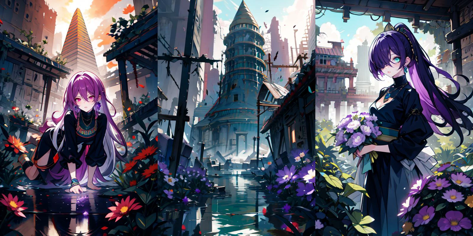 (otherworldly), highly insanely detailed, masterpiece, top quality, best quality, highres, 4k, 8k, RAW photo, (very aesthetic, beautiful and aesthetic),
2bnierdef, medium breasts, mole, mole under mouth, (black blindfold:1.2), white hair, long sleeves, dress, puffy sleeves, black dress, clothing cutout, turtleneck, cleavage cutout, black hairband, juliet sleeves, covered eyes, <lora:2bnier-10:1>,
__lazy-wildcards/costume/color-theme-multi__,
__lazy-wildcards/prompts/hair__,
__lazy-wildcards/prompts/eyes__,
__lazy-wildcards/dataset/background__,
(flower, falling petals, petals on liquid, petals, cherry blossom:0.8),
__lazy-wildcards/prompts/pose__,
<lora:ip-adapter-faceid-plusv2_sd15_lora:0.5>,
((ancient egyptian theme:1.2)), ancient egyptian symbol, ancient egyptian hieroglyphic,
taiwan, korean,
((post-apocalyptic:1.2)),
abandoned building, overgrown with vegetation, ruin,
water,
(gardens, village:0.6),
mythical, mysterious,
reflection, reflective floor,
white cloudy sky, blue sky,
(Amethyst, Amethyst \(gemstone\), purple gemstone, jade \(gemstone\), red gemstone, ruby \(gemstone\)),
(flower, falling petals, petals on liquid, petals, cherry blossom:0.8),
(mandala, nebula, fractal art:0.5),
(dreamlike, dream like, dream-like, dream-like atmosphere:0.6),
(long hair, glowing hair, hair over one eye, long messy hair),
collar, earrings, jewelry, necklace, armlet,
âââ