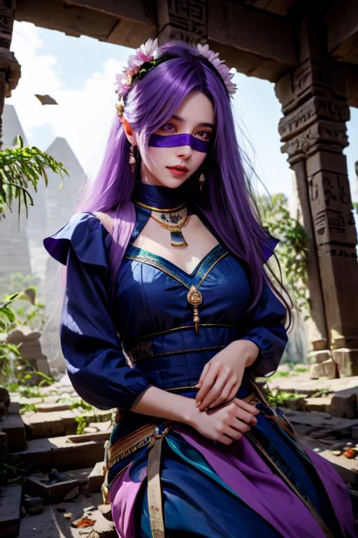 (otherworldly), highly insanely detailed, masterpiece, top quality, best quality, highres, 4k, 8k, RAW photo, (very aesthetic, beautiful and aesthetic),
2bnierdef, medium breasts, mole, mole under mouth, (black blindfold:1.2), white hair, long sleeves, dress, puffy sleeves, black dress, clothing cutout, turtleneck, cleavage cutout, black hairband, juliet sleeves, covered eyes, <lora:2bnier-10:1>,
blue clothes ,((ancient egyptian theme)), golden ornaments, ancient egyptian sailor_shirt, ancient egyptian pleated_skirt, bowtie,
long hair ,magenta hair, bright blue-green hair , ,
(pink eyes) ,bright blue-green eyeliner ,flower-shaped pupils,
rural school, magenta background,
(flower, falling petals, petals on liquid, petals, cherry blossom:0.8),
female masturbation,
<lora:ip-adapter-faceid-plusv2_sd15_lora:0.5>,
((ancient egyptian theme:1.2)), ancient egyptian symbol, ancient egyptian hieroglyphic,
taiwan, korean,
((post-apocalyptic:1.2)),
abandoned building, overgrown with vegetation, ruin,
water,
(gardens, village:0.6),
mythical, mysterious,
reflection, reflective floor,
white cloudy sky, blue sky,
(Amethyst, Amethyst \(gemstone\), purple gemstone, jade \(gemstone\), red gemstone, ruby \(gemstone\)),
(flower, falling petals, petals on liquid, petals, cherry blossom:0.8),
(mandala, nebula, fractal art:0.5),
(dreamlike, dream like, dream-like, dream-like atmosphere:0.6),
(long hair, glowing hair, hair over one eye, long messy hair),
collar, earrings, jewelry, necklace, armlet,
âââ
