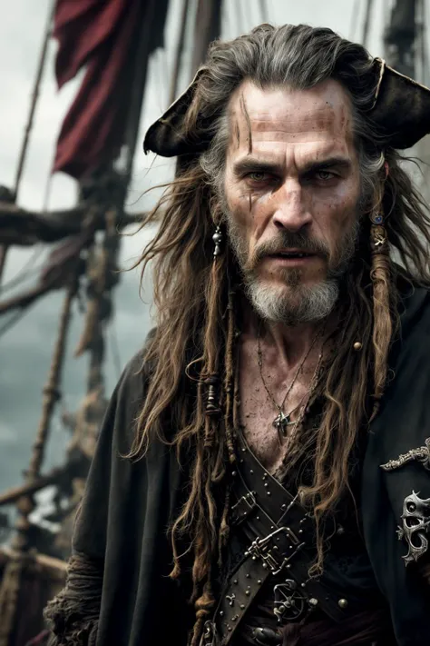 close-up photo of the most beautiful artwork in the world (male:1.2) pirate, ((epic heroic fantasy (male:1.3) with long hair with braids wounded hero good look in dynamic pose, fantastic location, majestic cluttered environment)), full body 8k unity render, action shot, skin pores, very dark lighting, heavy shadows, detailed, detailed face, (vibrant, photo realistic, realistic, dramatic, dark, sharp focus, 8k), (weathered damaged old worn leather outfit:1.4), (intricate:1.4), decadent, (highly detailed:1.4), digital painting, octane render, artstation, concept art, smooth, sharp focus, illustration, art by artgerm, (loish:0.23), wlop ilya kuvshinov, and greg rutkowski and alphonse mucha gracias, (global illumination, studio light, volumetric light), heavy rain, particles floating