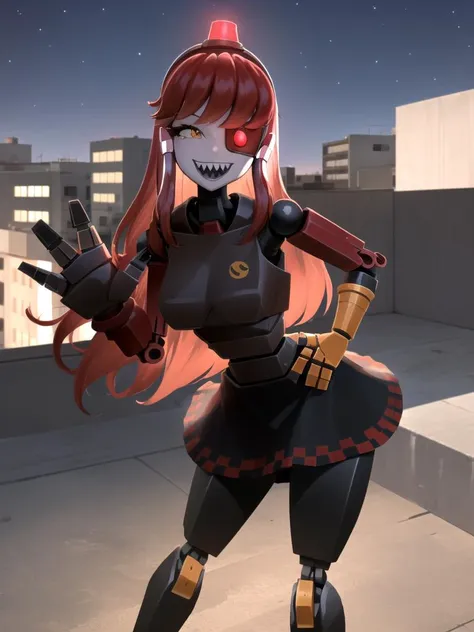 (masterpiece, best quality:1.2), solo, 1girl, mimi-sentry, robot, colored skin, white skin, sharp teeth, grin, looking at viewer, leaning forward, hands on own knees, eyepatch, black dress