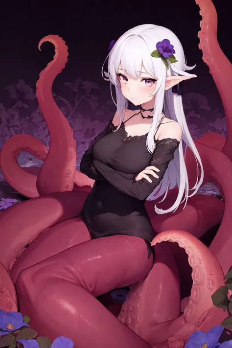 scyllacpt, squid, solo, 1girl, grimace, crossed arms, night, Carthamus \(flower\), floral background <lora:scylla_cpt_v01:1>