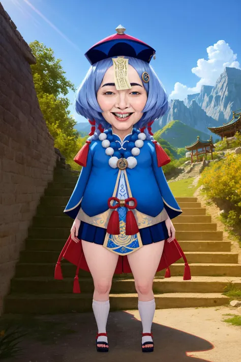(masterpiece, best quality:1.2), (absurdres, highres, ultra-detailed), (perfect anatomy), <lora:add_detail:0.3>, <lora:genshinfull1:1>, kokomidef, full body, smile, blush, outdoors, day, blue sky, sky, temple, looking at viewer, stairs, mountain, moody lighting, <lora:MeatCanyonV1:1.2>, cute, teeth