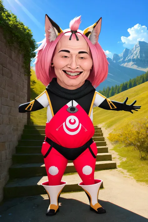 (masterpiece, best quality:1.2), (absurdres, highres, ultra-detailed), (perfect anatomy), <lora:add_detail:0.3>, <lora:genshinfull1:1>, dionadef, full body, smile, blush, outdoors, day, blue sky, sky, temple, looking at viewer, stairs, mountain, moody lighting, <lora:MeatCanyonV1:1.2>, cute, teeth
