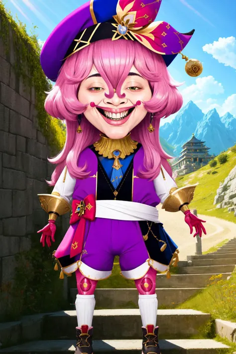 (masterpiece, best quality:1.2), (absurdres, highres, ultra-detailed), (perfect anatomy), <lora:add_detail:0.3>, <lora:genshinfull1:1>, doridef, full body, smile, blush, outdoors, day, blue sky, sky, temple, looking at viewer, stairs, mountain, moody lighting, <lora:MeatCanyonV1:1.2>, cute, teeth