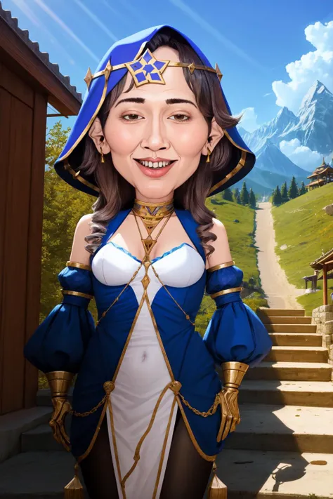 (masterpiece, best quality:1.2), (absurdres, highres, ultra-detailed), (perfect anatomy), <lora:add_detail:0.3>, <lora:genshinfull1:1>, layladef, full body, smile, blush, outdoors, day, blue sky, sky, temple, looking at viewer, stairs, mountain, moody lighting, <lora:MeatCanyonV1:1.2>, cute, teeth