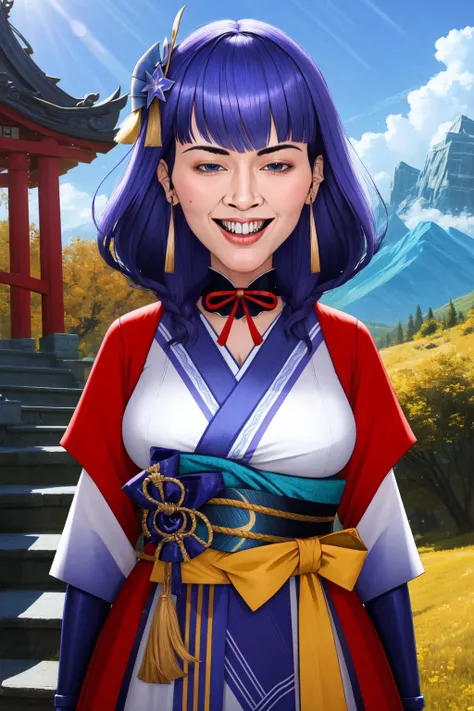 (masterpiece, best quality:1.2), (absurdres, highres, ultra-detailed), (perfect anatomy), <lora:add_detail:0.3>, <lora:genshinfull1:1>, raidenshogundef, full body, smile, blush, outdoors, day, blue sky, sky, temple, looking at viewer, stairs, mountain, moody lighting, <lora:MeatCanyonV1:1.2>, cute, teeth