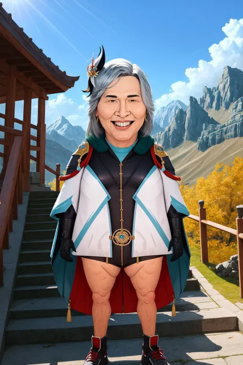 (masterpiece, best quality:1.2), (absurdres, highres, ultra-detailed), (perfect anatomy), <lora:add_detail:0.3>, <lora:genshinfull1:1>, shenhedef, full body, smile, blush, outdoors, day, blue sky, sky, temple, looking at viewer, stairs, mountain, moody lighting, <lora:MeatCanyonV1:1.2>, cute, teeth