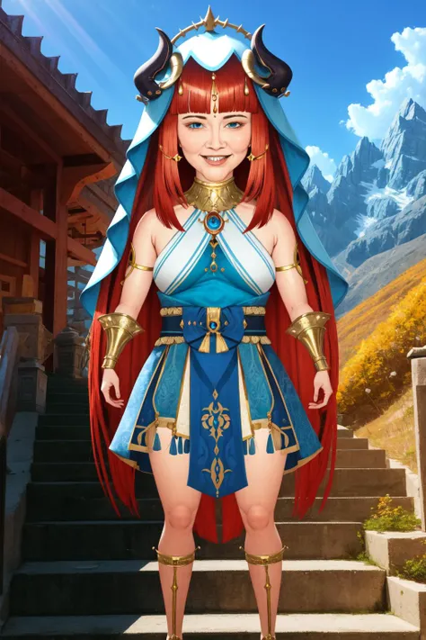 (masterpiece, best quality:1.2), (absurdres, highres, ultra-detailed), (perfect anatomy), <lora:add_detail:0.3>, <lora:genshinfull1:1>, niloudef, full body, smile, blush, outdoors, day, blue sky, sky, temple, looking at viewer, stairs, mountain, moody lighting, <lora:MeatCanyonV1:1.2>, cute, teeth