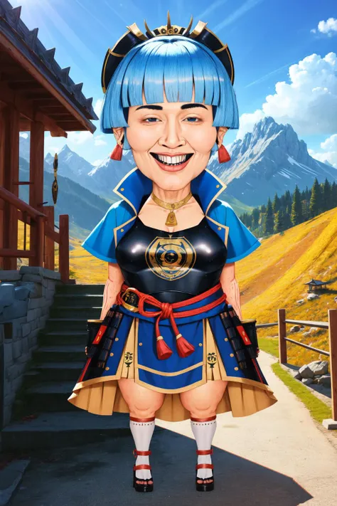 (masterpiece, best quality:1.2), (absurdres, highres, ultra-detailed), (perfect anatomy), <lora:add_detail:0.3>, <lora:genshinfull1:1>, kamisatoayakadef, full body, smile, blush, outdoors, day, blue sky, sky, temple, looking at viewer, stairs, mountain, moody lighting, <lora:MeatCanyonV1:1.2>, cute, teeth