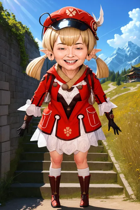 (masterpiece, best quality:1.2), (absurdres, highres, ultra-detailed), (perfect anatomy), <lora:add_detail:0.3>, <lora:genshinfull1:1>, kleedef, full body, smile, blush, outdoors, day, blue sky, sky, temple, looking at viewer, stairs, mountain, moody lighting, <lora:MeatCanyonV1:1.2>, cute, teeth