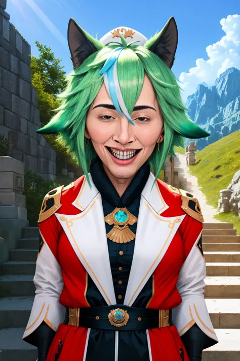 (masterpiece, best quality:1.2), (absurdres, highres, ultra-detailed), (perfect anatomy), <lora:add_detail:0.3>, <lora:genshinfull1:1>, sucrosedef, full body, smile, blush, outdoors, day, blue sky, sky, temple, looking at viewer, stairs, mountain, moody lighting, <lora:MeatCanyonV1:1.2>, cute, teeth
