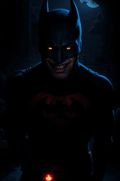 masterpiece, best quality, batman, teeth, night, backlight, dark <lora:MeatCanyonV1:1>