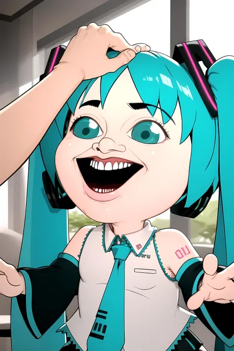 hatsune miku, teeth, cute, outstretched arms, chibi, HeadpatPOV, headpat, pov <lora:MeatCanyonV1:1.1> <lora:HeadpatPOV:1>