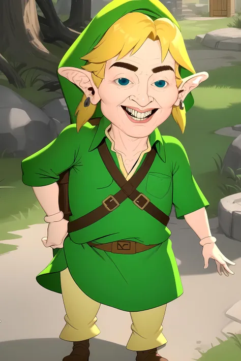 masterpiece, best quality, link, green tunic, the legend of zelda, green headwear, teeth, outdoors <lora:MeatCanyonV1:1.1>
