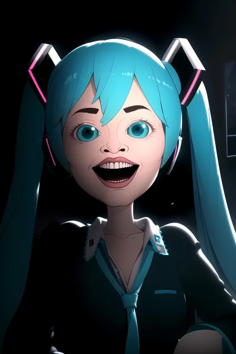 masterpiece, best quality, hatsune miku, teeth, cute, highly detailed, intricate, dramatic lighting, night, dark, backlight<lora:MeatCanyonV1:1.1>