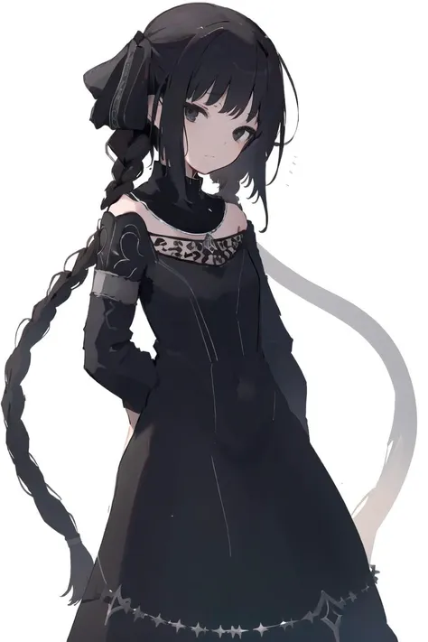 NosfyWhoseyards, black dress, empty background, hands behind back, wide sleeves, very long black hair, hair ribbon, twin braids, black eyes, standing  BREAK white background  BREAK
<lora:GoodHands-vanilla:1.0><lyco:NosfyWhoseyardsLoHA-000010:0.7><lyco:Support_add_detail:0.0:-1.0>