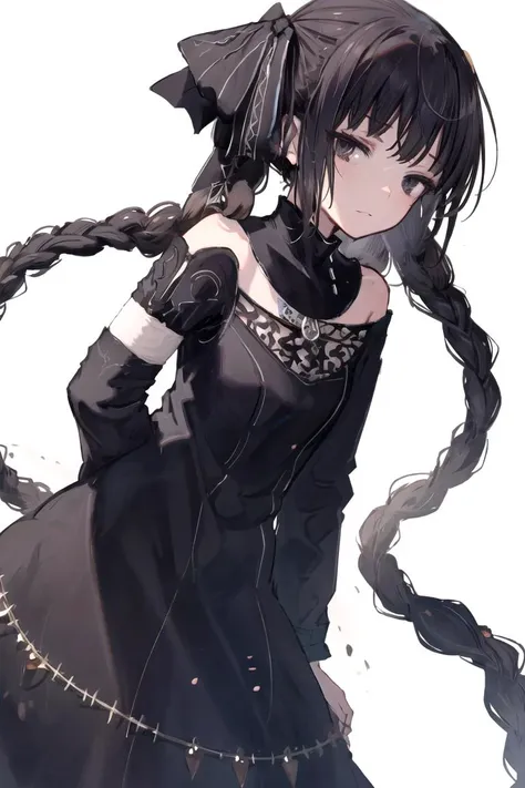 NosfyWhoseyards, black dress, empty background, hands behind back, wide sleeves, very long black hair, hair ribbon, twin braids, black eyes, standing  BREAK white background  BREAK
<lora:GoodHands-vanilla:1.0><lyco:NosfyWhoseyardsLoHA-000010:0.7>