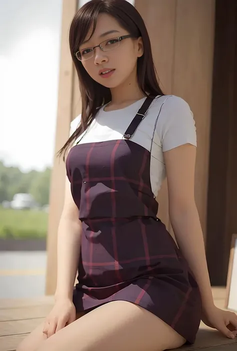 (RAW photo:1.2), (photorealistic:1.4),(masterpiece:1.3),(best quality:1.4),ultra high res,(detailed eyes),(detailed facial features),(detailed clothes features),HDR,8k resolution, solo focus, looking at viewer, (bangs:1.1), dreamlike, (extreme detailed illustration), 1girl, mature face, glasses, thick lips, (smile), medium hair, small breasts, outdoors, pinafore dress, blue plaid pinafore, white t-shirt, <lora:ciheni:1> <lora:PinaforeV1.1:1>