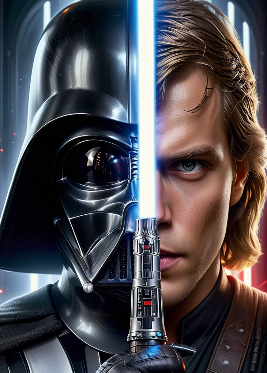 Epic movie poster, closeup face portrait of Darth Vader holding a lightsaber in front of face, (half of the face is Darth Vader, on other half is Anakin Skywalker:1.3), TwoFace Blade, 16k, UHD, DSLR, Insane Details, award-winning photo, <lora:V4:0.6>, <lora:add-detail-xl0.5>