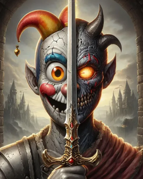 (half of the face is Demon's Souls, on other half its Cuphead:1.25), amazing quality, detailed background, digital art, <lora:V4:1> TwoFace Blade
