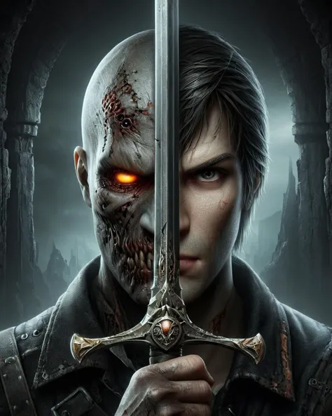 (half of the face is Resident Evil 4, on other half its Darkest Dungeon:1.25), amazing quality, detailed background, digital art, <lora:V4:1> TwoFace Blade