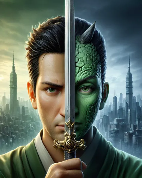 (half of the face is Ber, on other half its Shikamaru Nara:1.25), amazing quality, city in background, digital art,  <lora:V4:1> TwoFace Blade